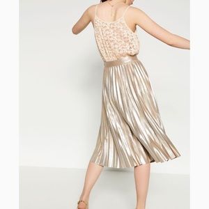 Zara metallic gold pleated midi skirt NWT